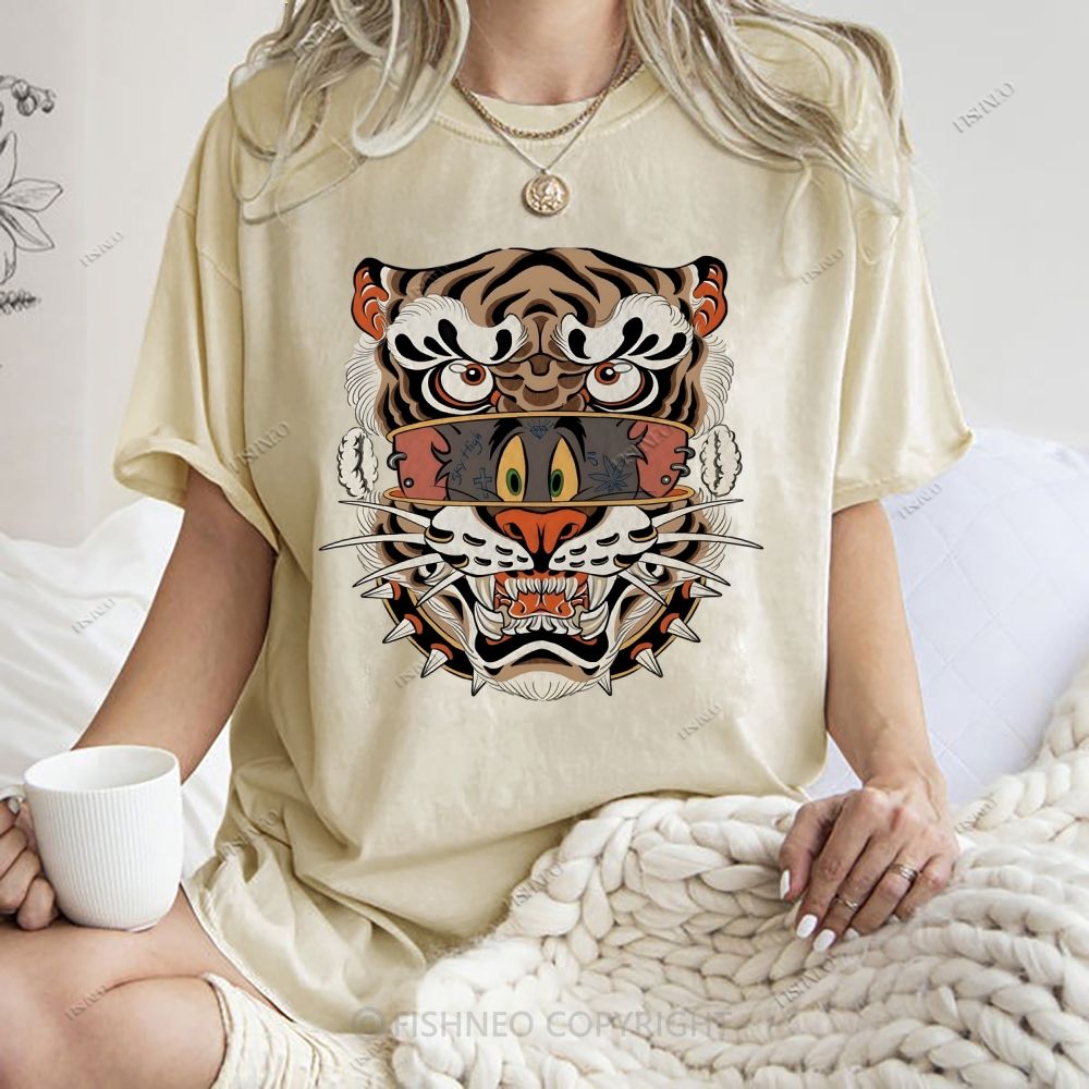 Unisex Cat Tiger Printed Washed Tee