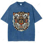 Unisex Cat Tiger Printed Washed Tee