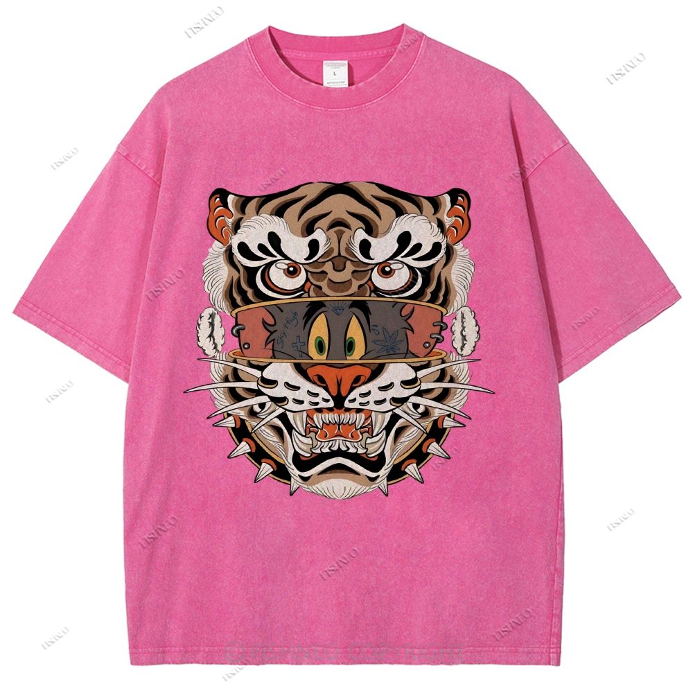 Unisex Cat Tiger Printed Washed Tee