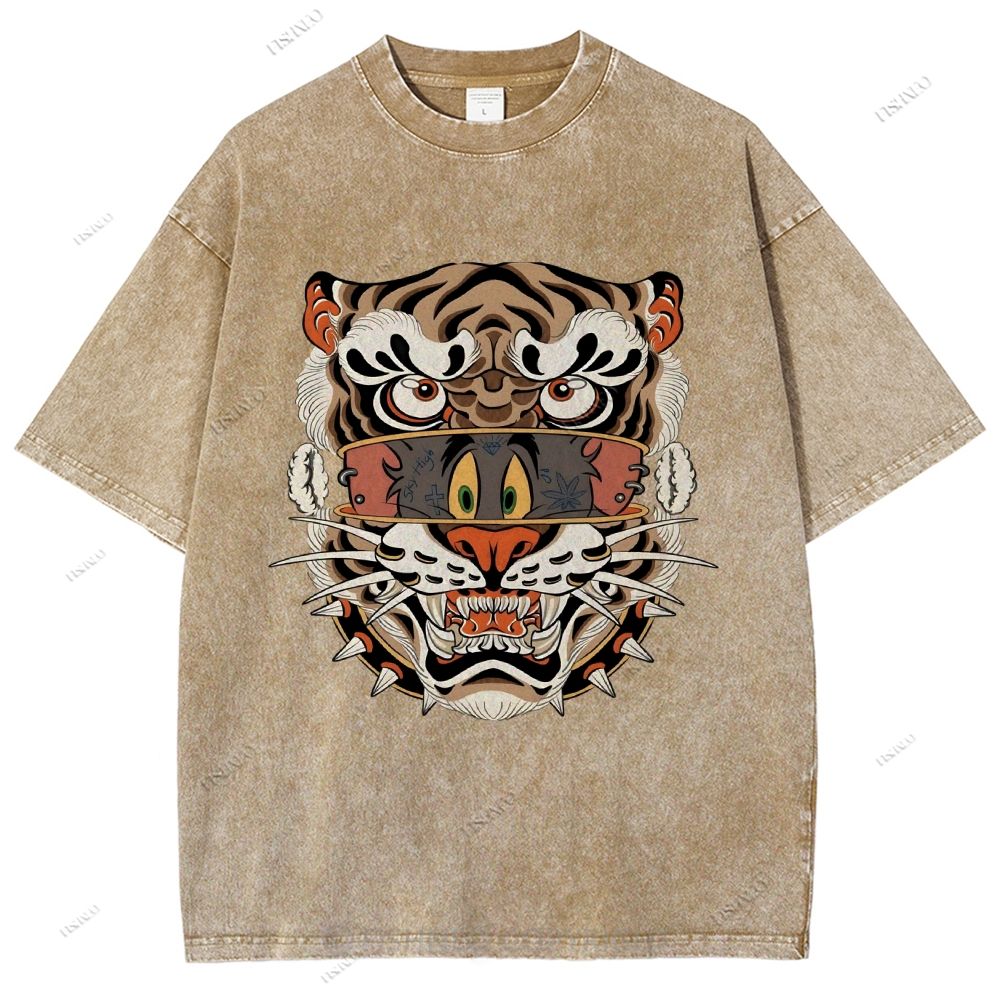 Unisex Cat Tiger Printed Washed Tee