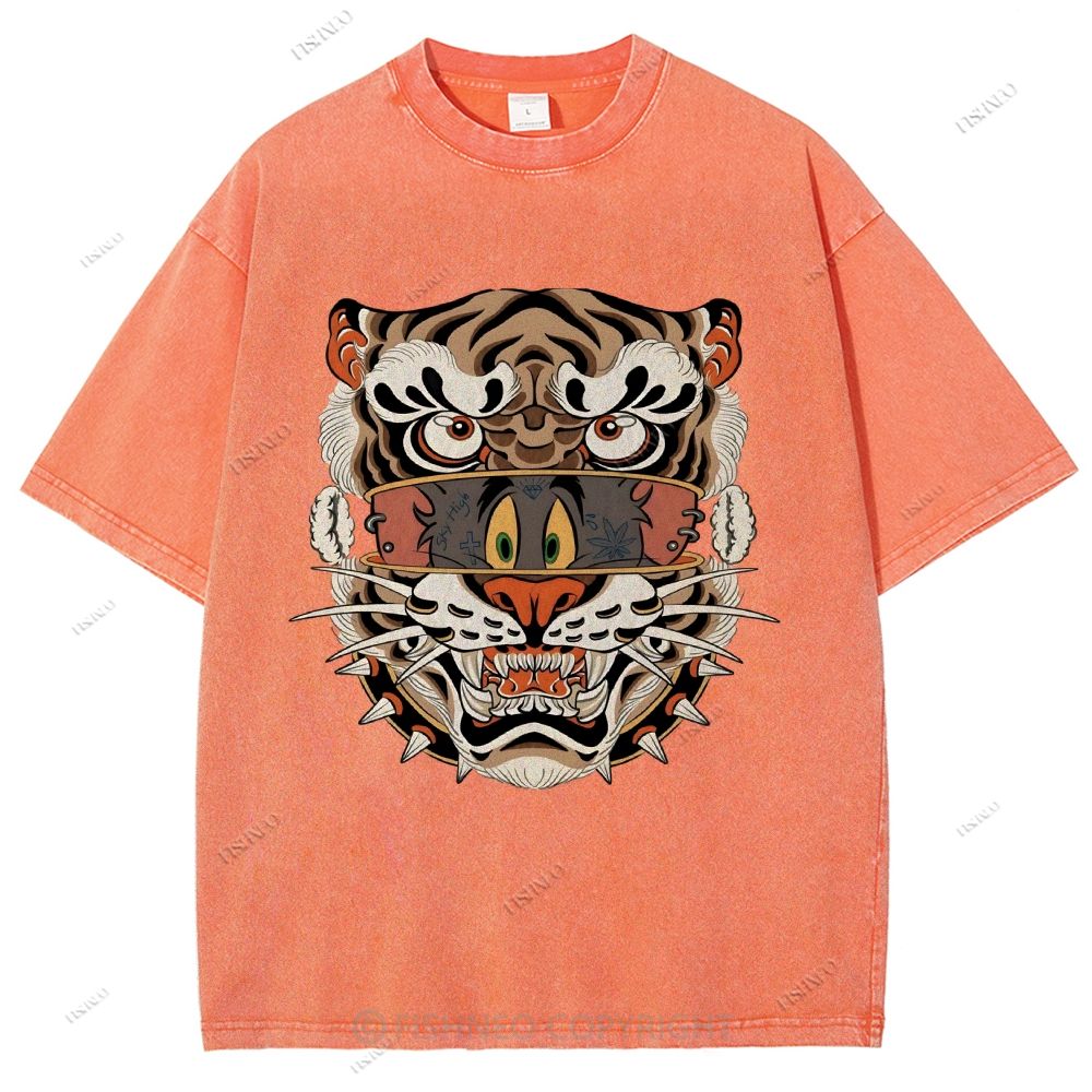 Unisex Cat Tiger Printed Washed Tee