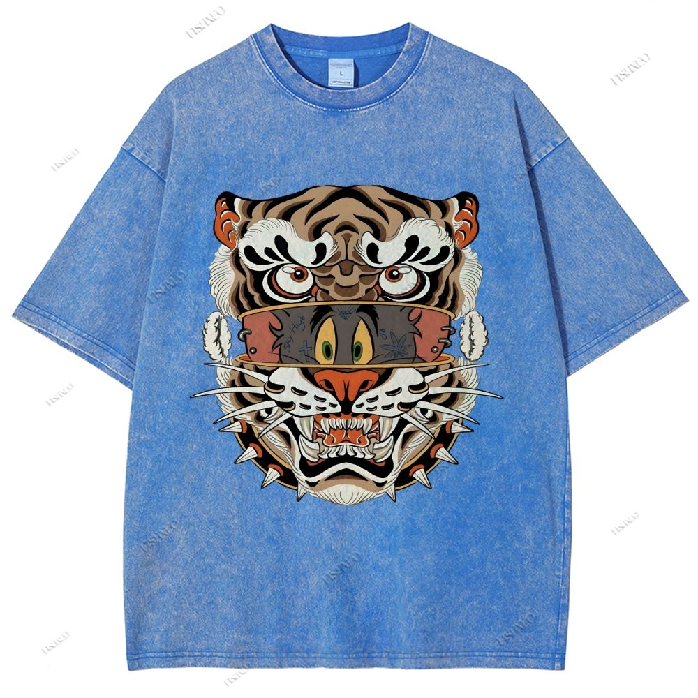 Unisex Cat Tiger Printed Washed Tee