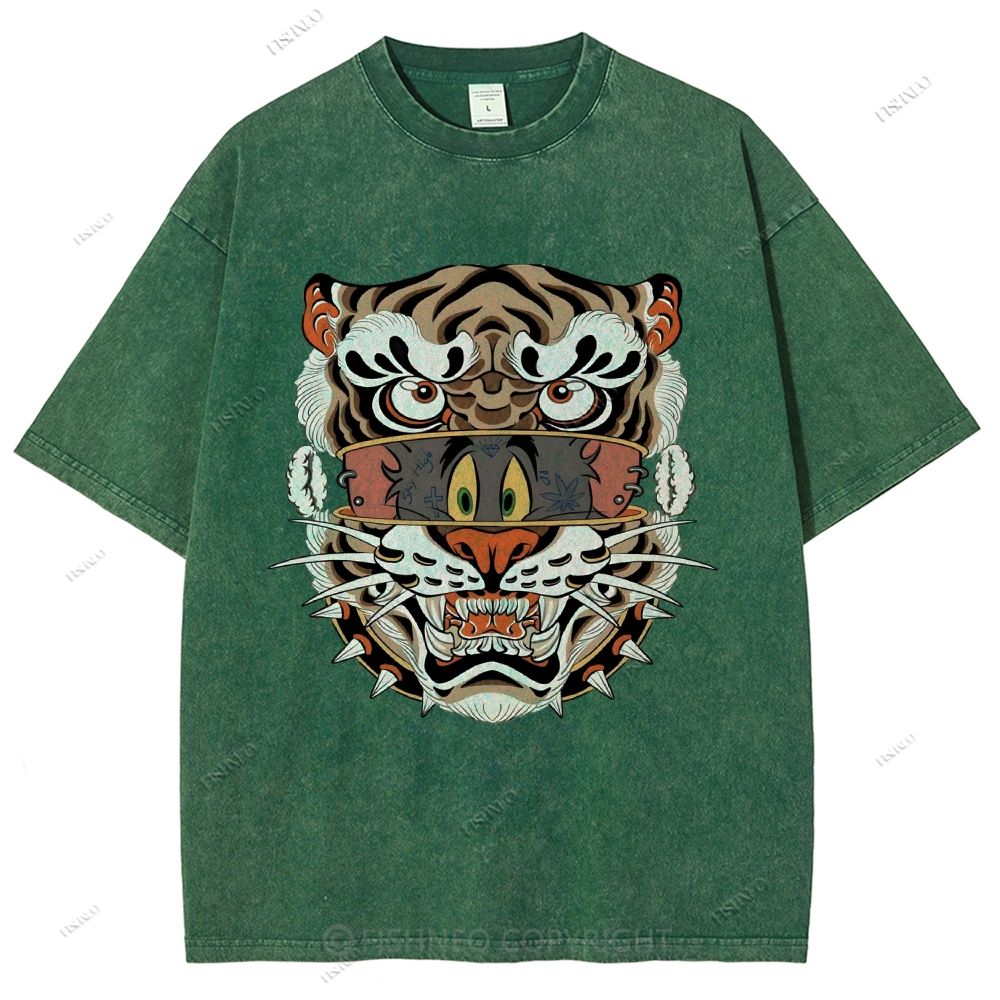 Unisex Cat Tiger Printed Washed Tee