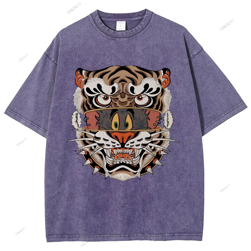 Unisex Cat Tiger Printed Washed Tee