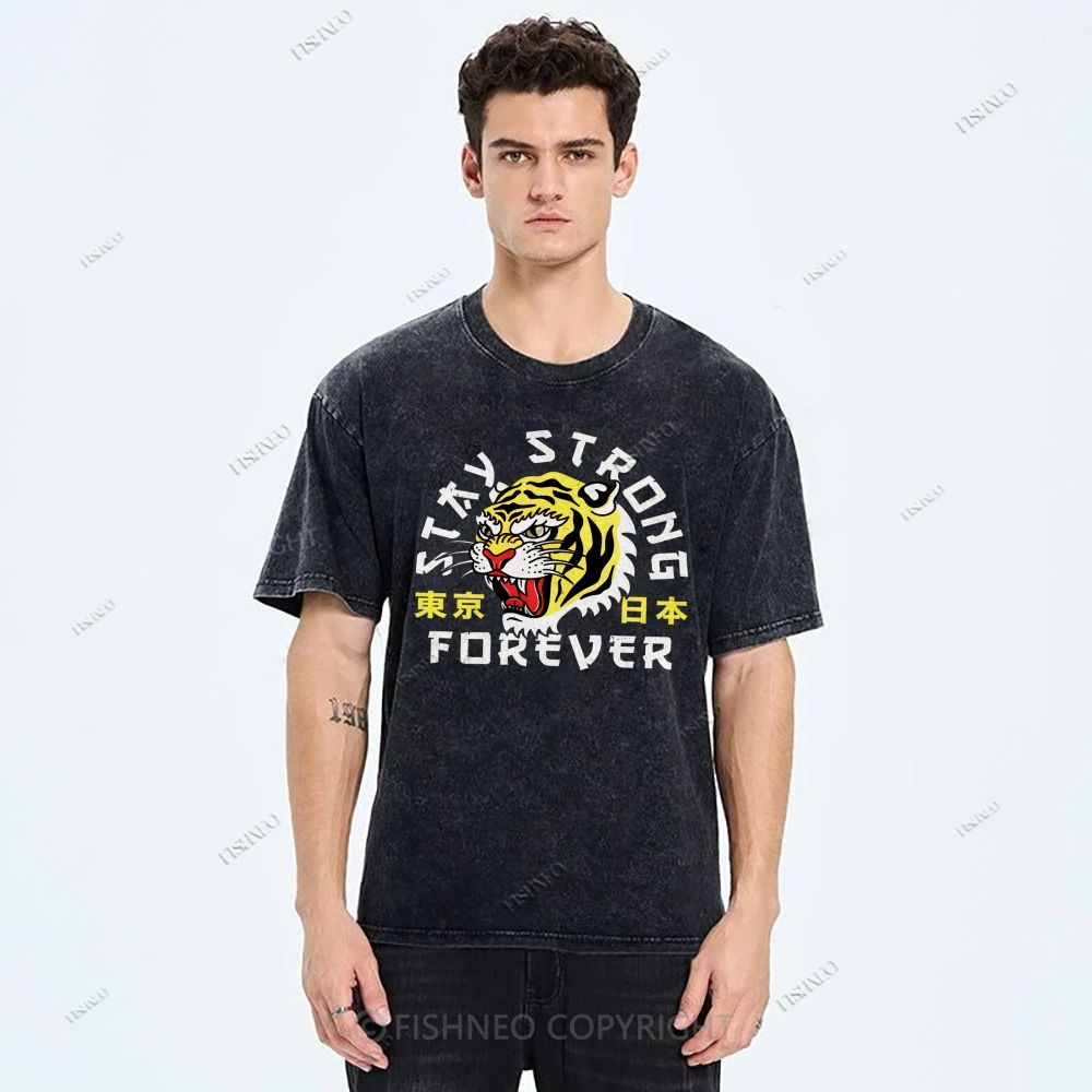 Unisex Japanese Tiger Printed Washed Tee