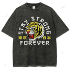 Unisex Japanese Tiger Printed Washed Tee