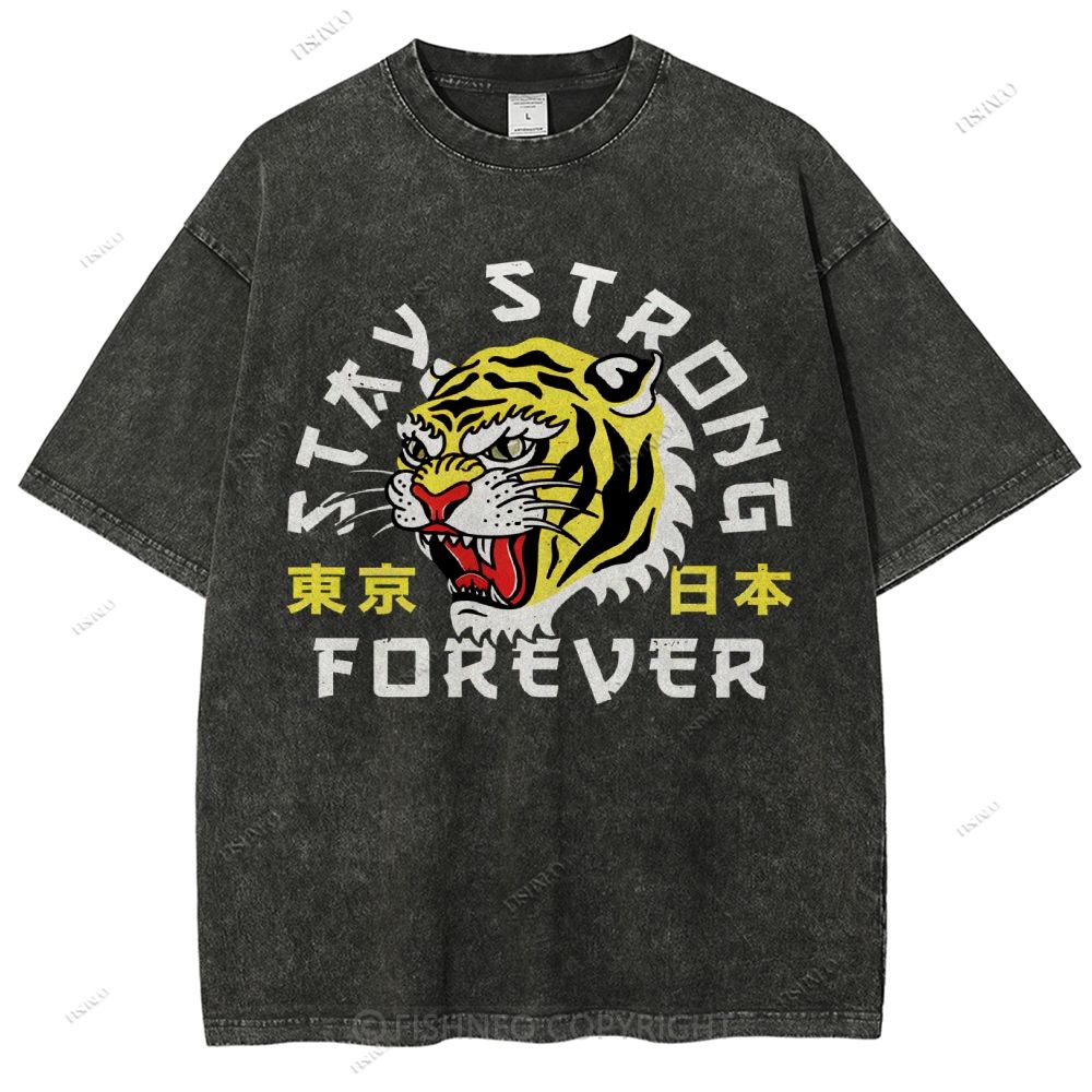 Unisex Japanese Tiger Printed Washed Tee