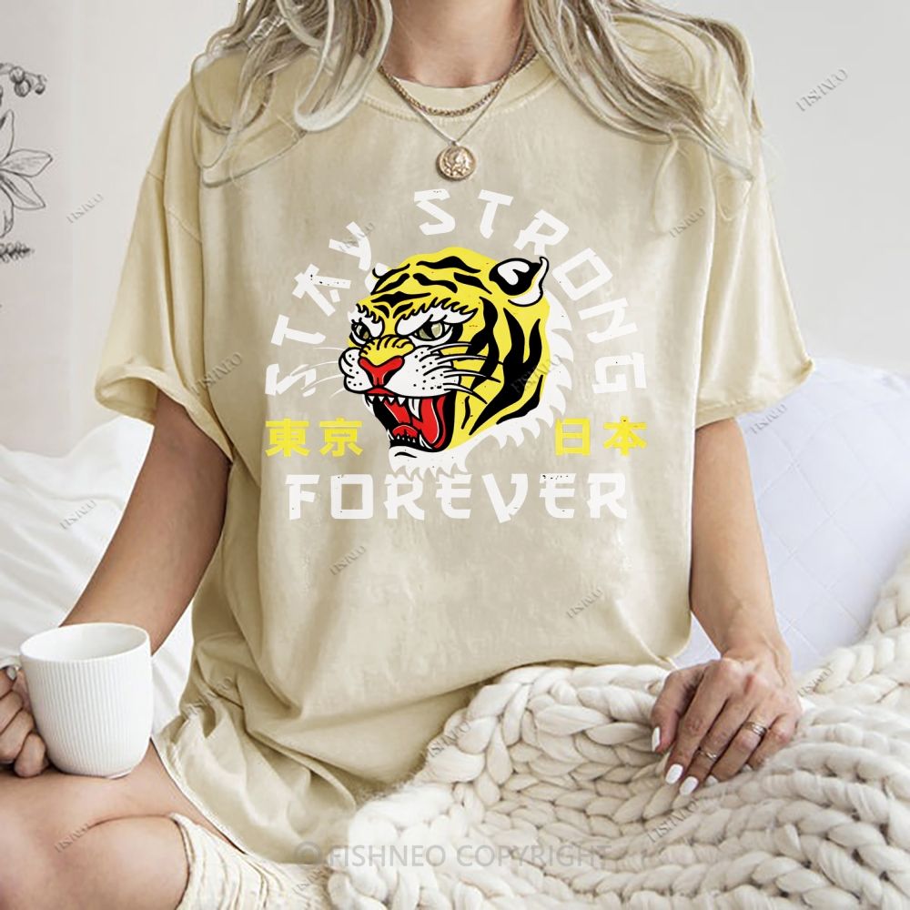 Unisex Japanese Tiger Printed Washed Tee