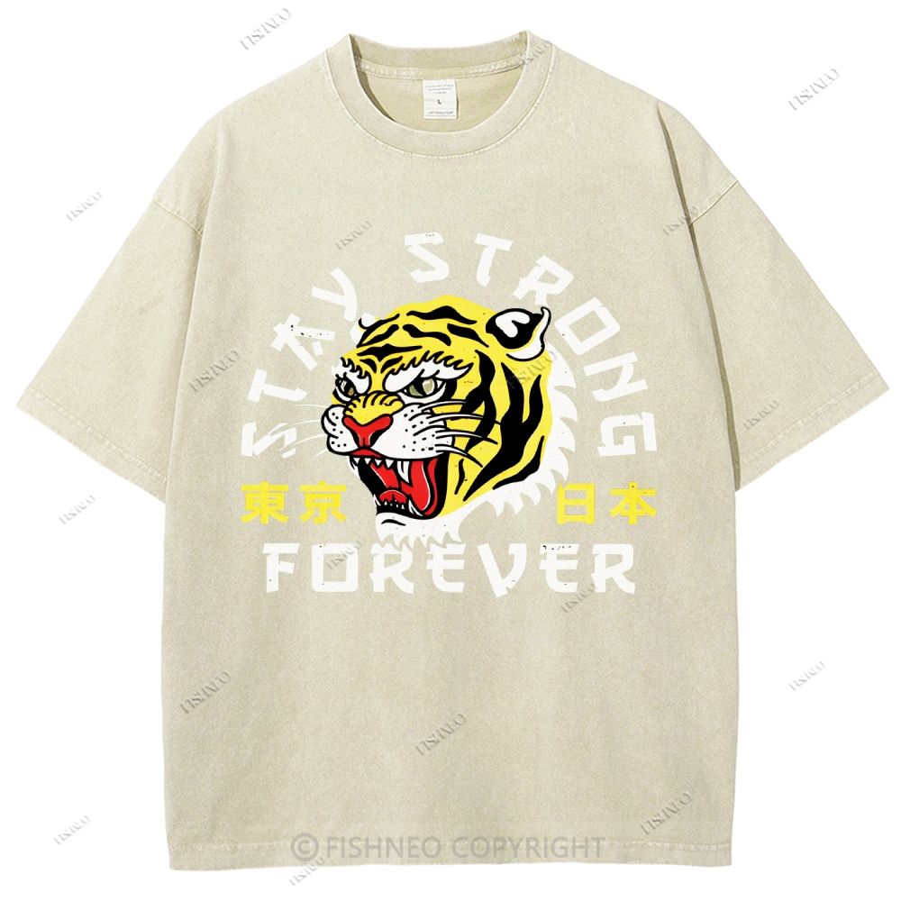 Unisex Japanese Tiger Printed Washed Tee