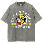 Unisex Japanese Tiger Printed Washed Tee