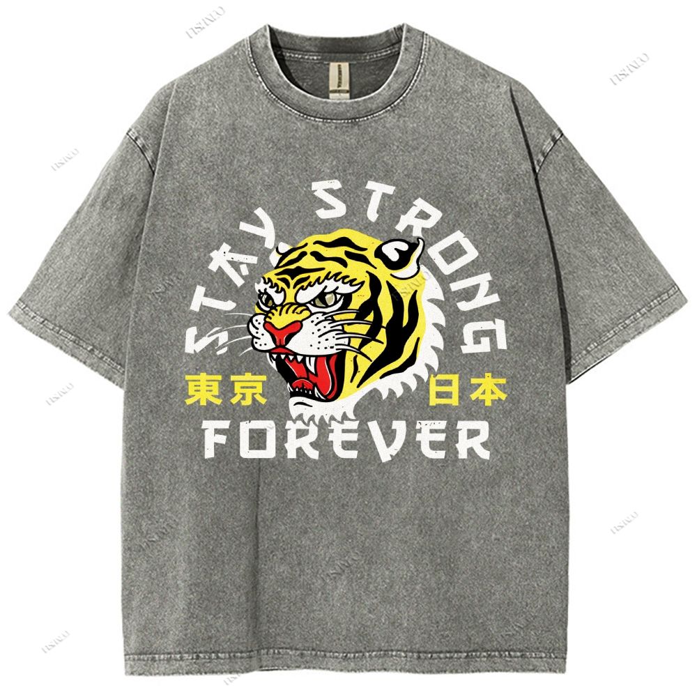 Unisex Japanese Tiger Printed Washed Tee