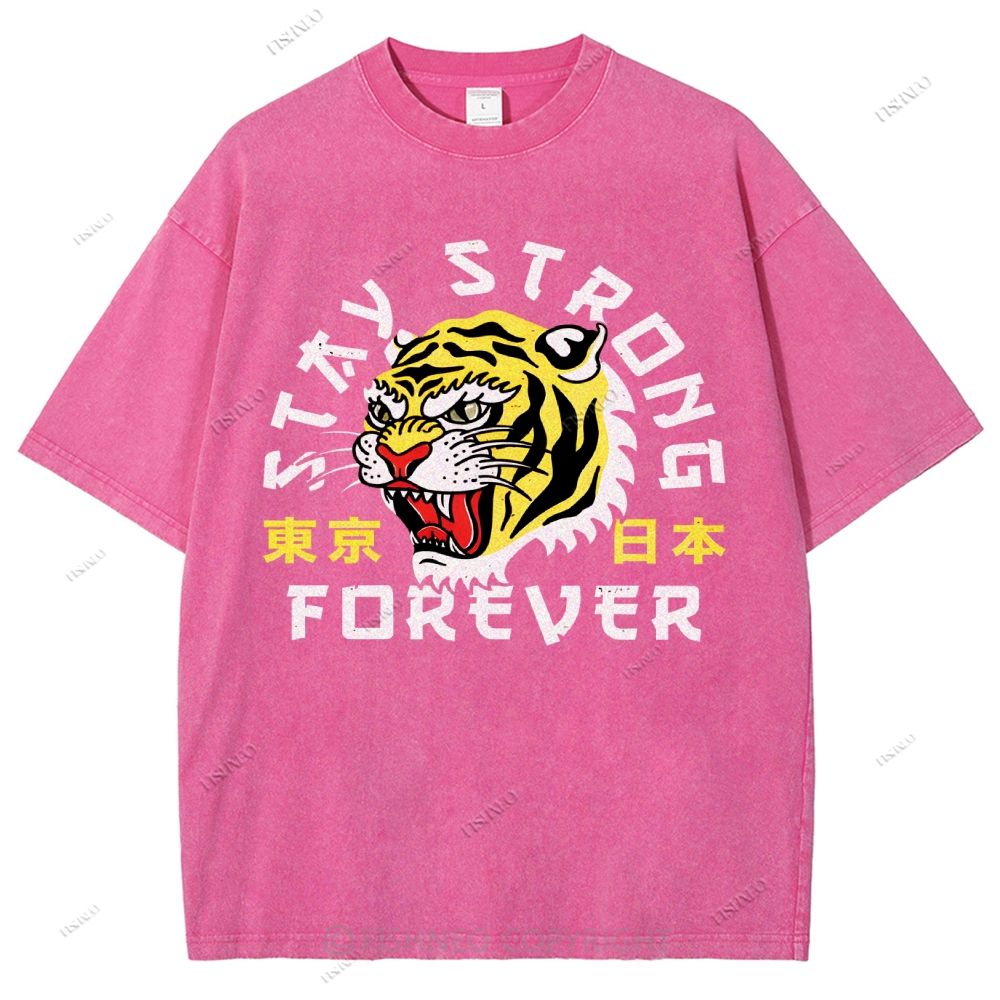 Unisex Japanese Tiger Printed Washed Tee