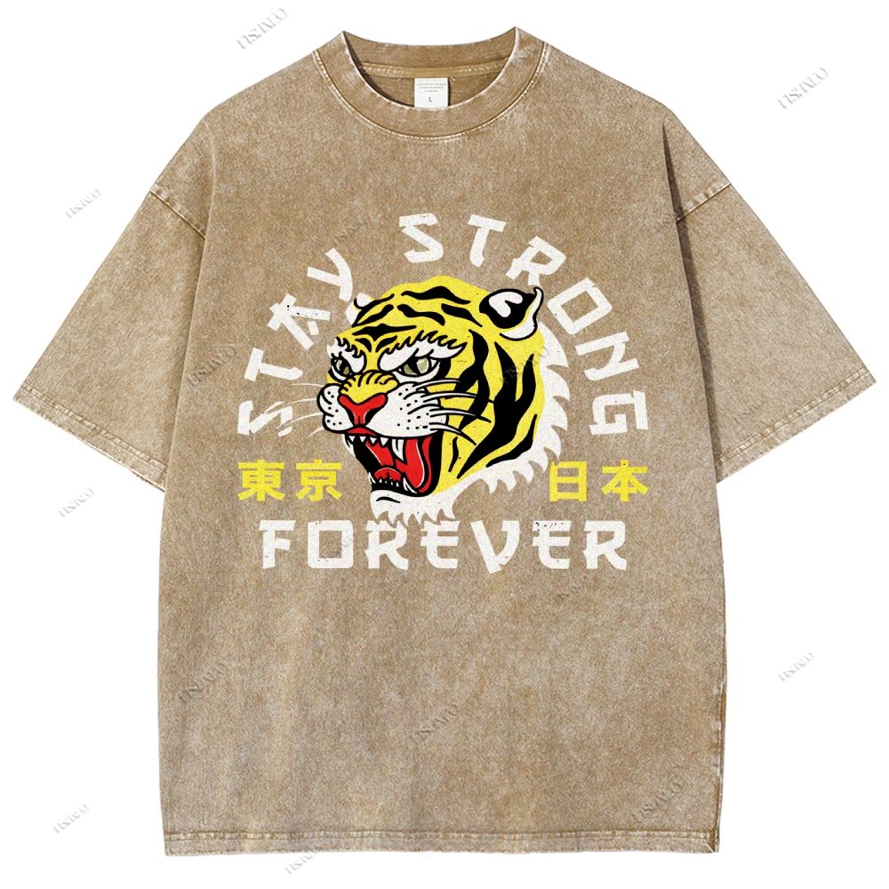Unisex Japanese Tiger Printed Washed Tee