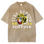 Unisex Japanese Tiger Printed Washed Tee