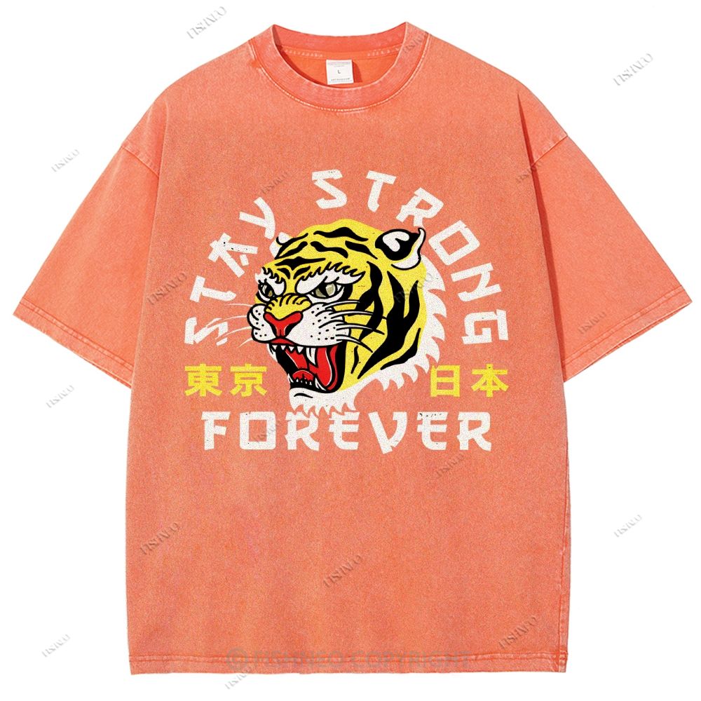 Unisex Japanese Tiger Printed Washed Tee