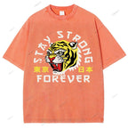Unisex Japanese Tiger Printed Washed Tee