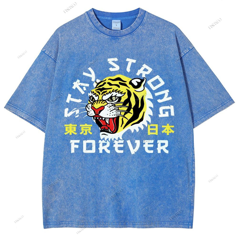 Unisex Japanese Tiger Printed Washed Tee