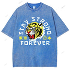 Unisex Japanese Tiger Printed Washed Tee