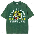 Unisex Japanese Tiger Printed Washed Tee