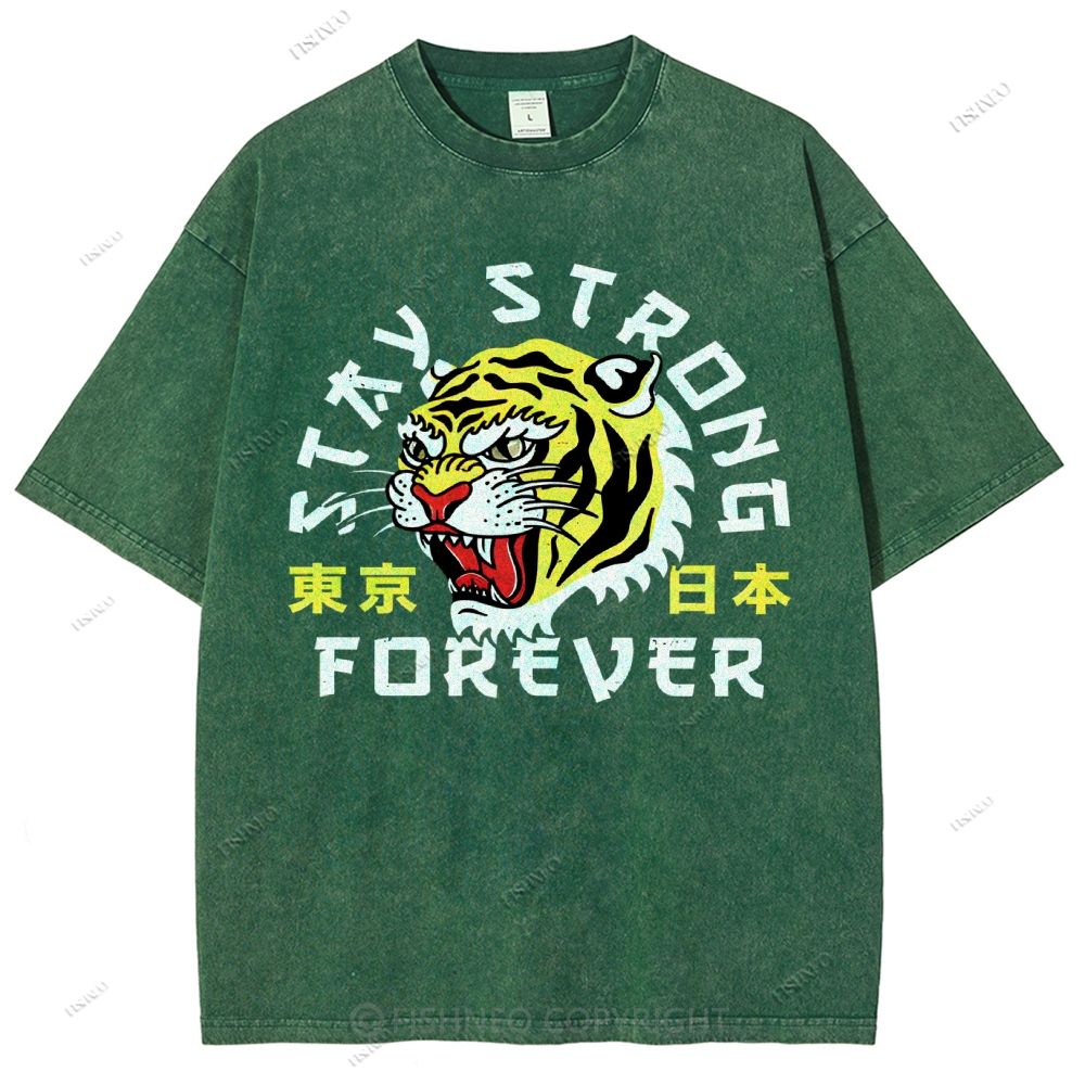 Unisex Japanese Tiger Printed Washed Tee