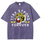 Unisex Japanese Tiger Printed Washed Tee