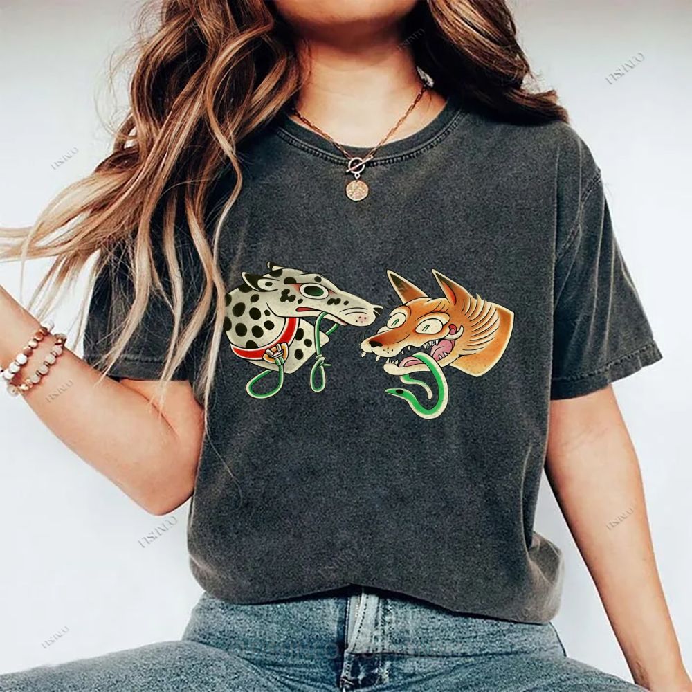 Unisex Vintage Dog Fox Printed Washed Tee