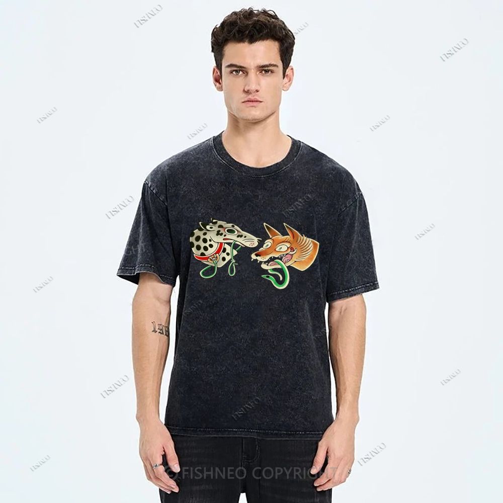 Unisex Vintage Dog Fox Printed Washed Tee