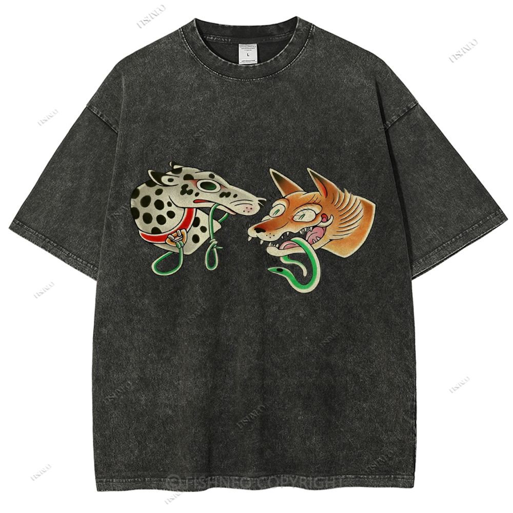 Unisex Vintage Dog Fox Printed Washed Tee
