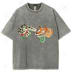 Unisex Vintage Dog Fox Printed Washed Tee