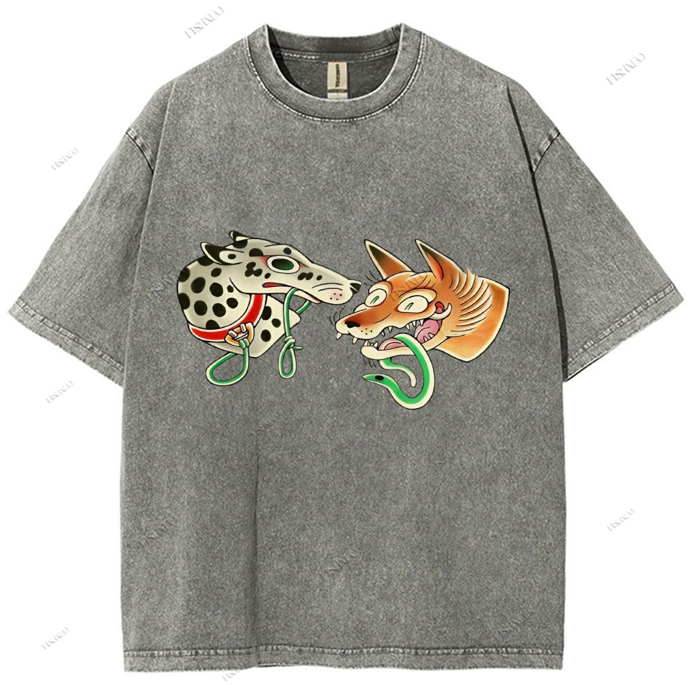 Unisex Vintage Dog Fox Printed Washed Tee