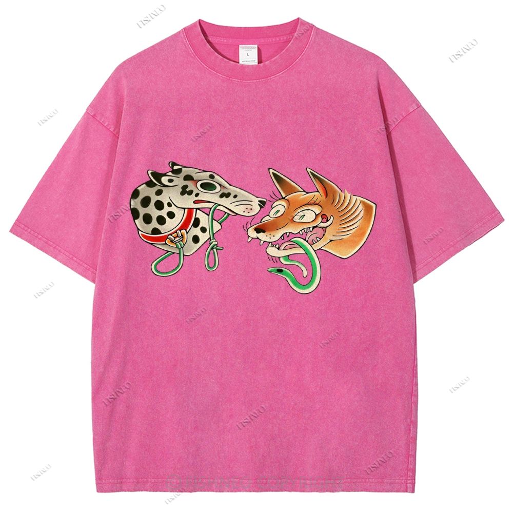 Unisex Vintage Dog Fox Printed Washed Tee