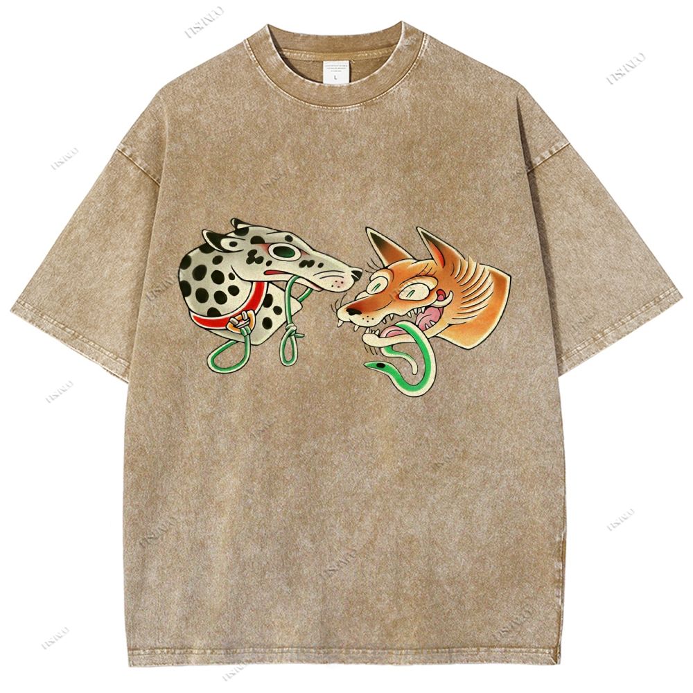 Unisex Vintage Dog Fox Printed Washed Tee