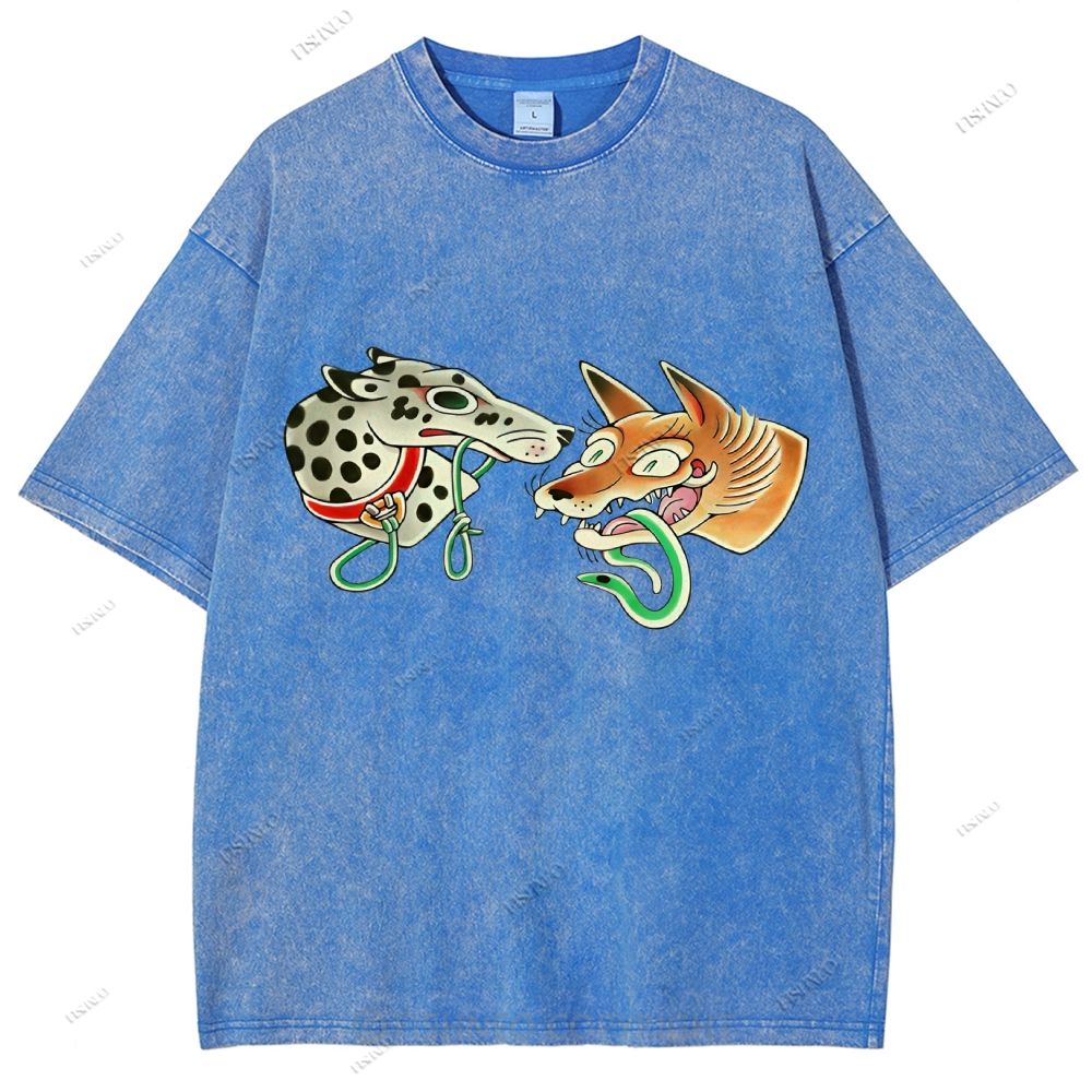 Unisex Vintage Dog Fox Printed Washed Tee