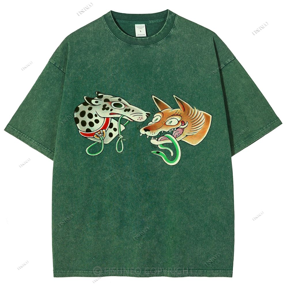 Unisex Vintage Dog Fox Printed Washed Tee