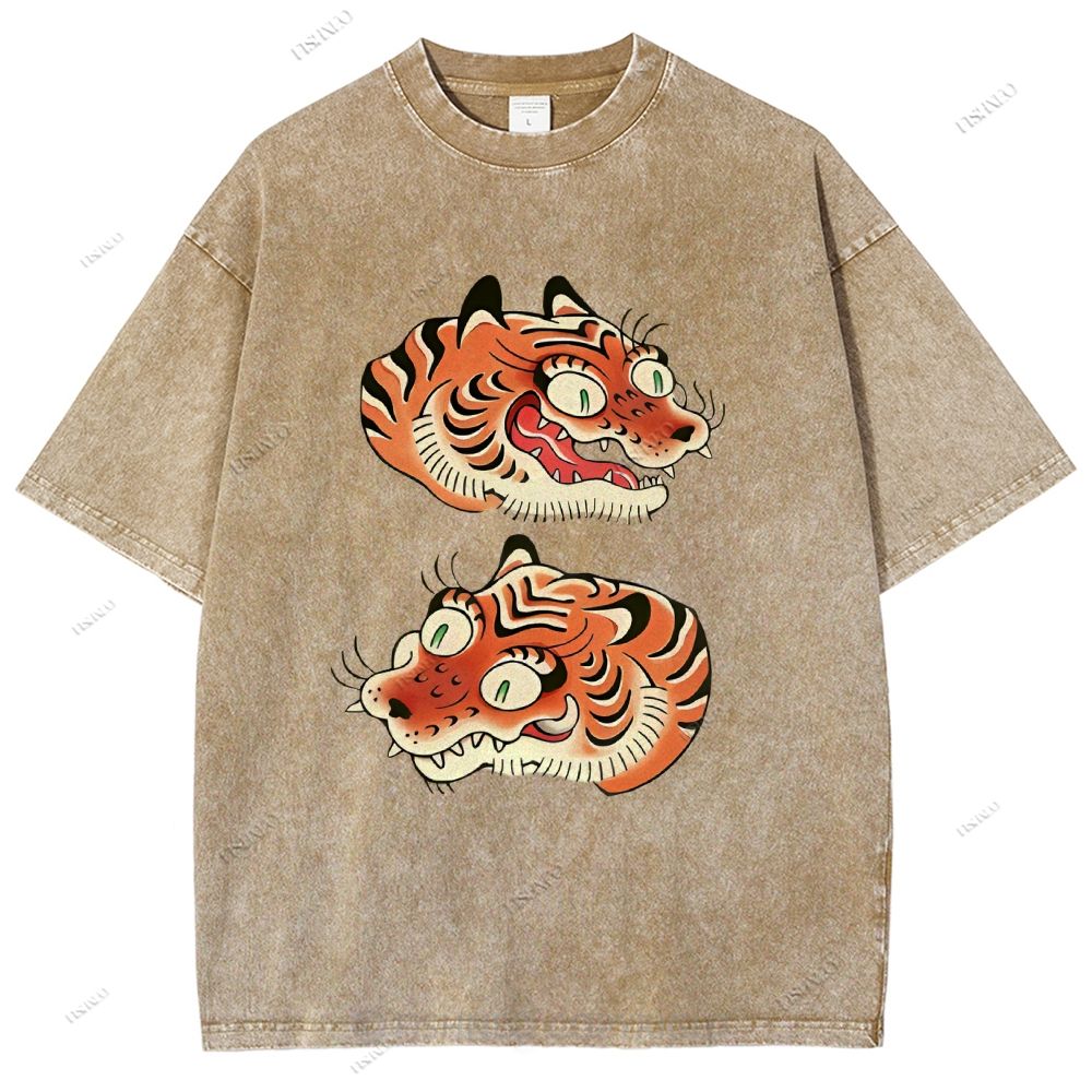 Unisex Vintage Tiger Printed Washed Tee