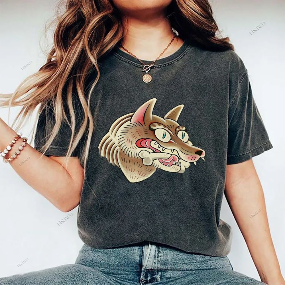 Unisex Vintage Wolf Printed Washed Tee