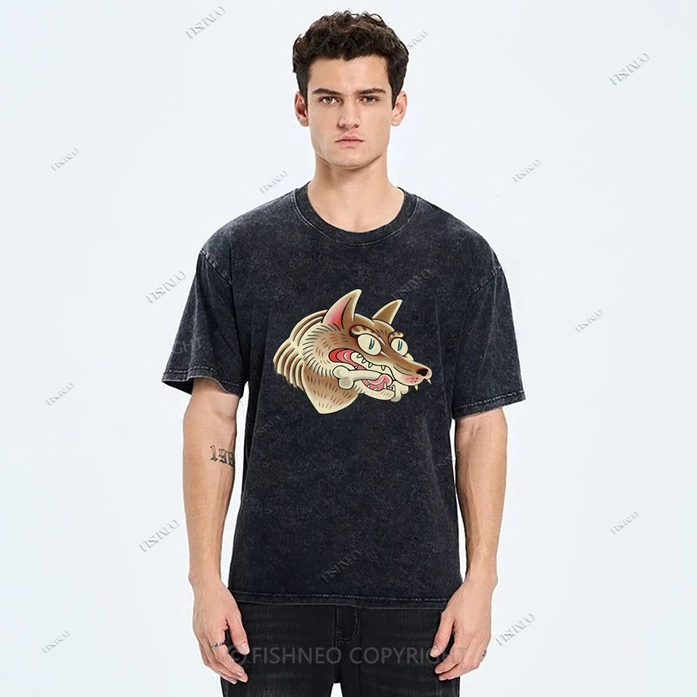 Unisex Vintage Wolf Printed Washed Tee