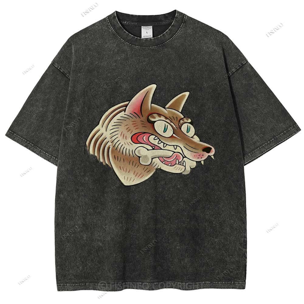 Unisex Vintage Wolf Printed Washed Tee