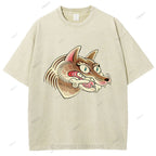 Unisex Vintage Wolf Printed Washed Tee