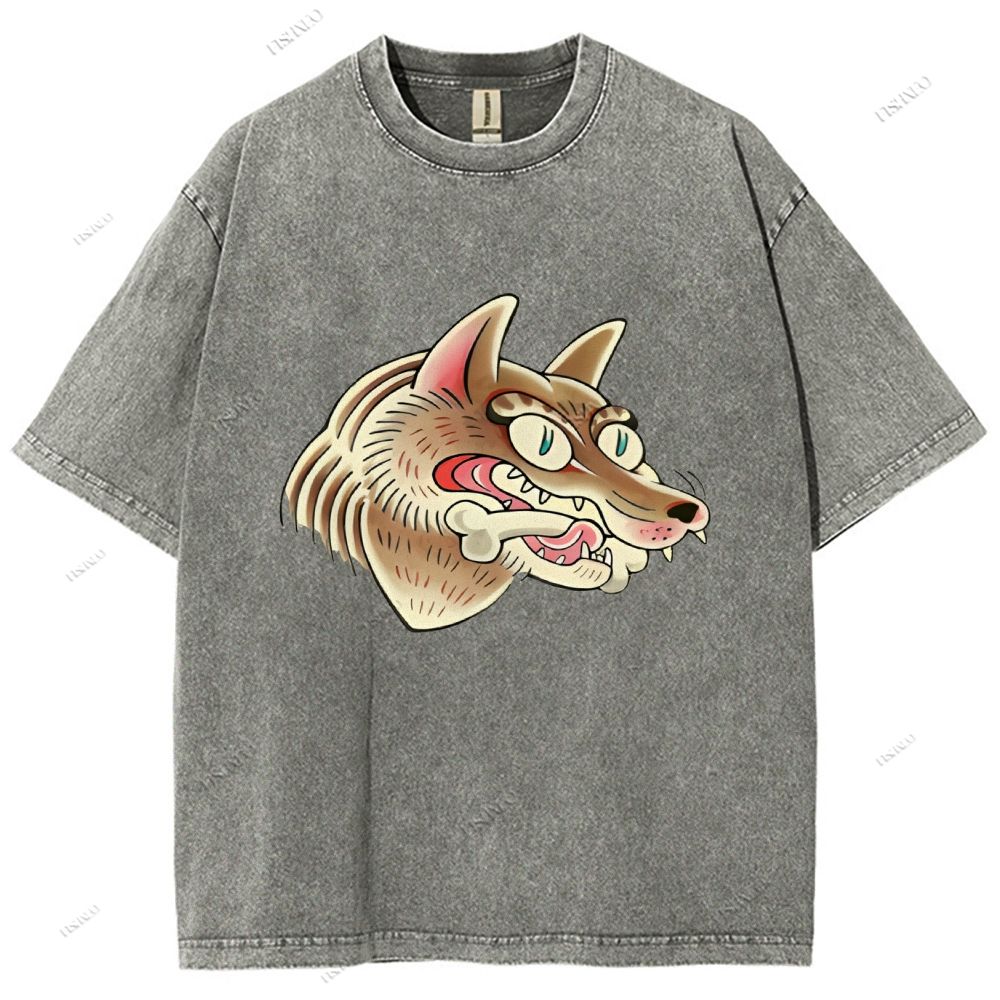 Unisex Vintage Wolf Printed Washed Tee