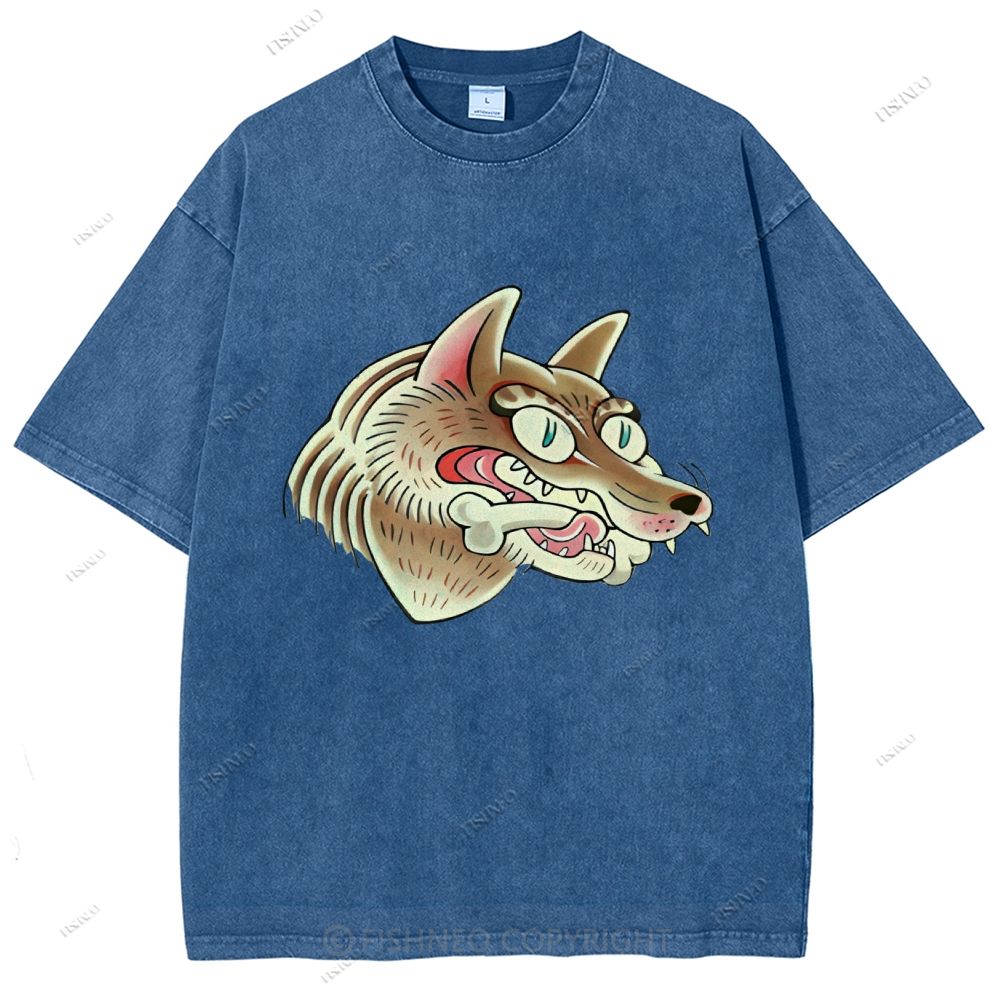 Unisex Vintage Wolf Printed Washed Tee