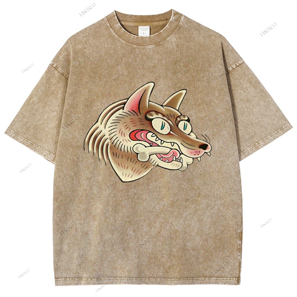 Unisex Vintage Wolf Printed Washed Tee