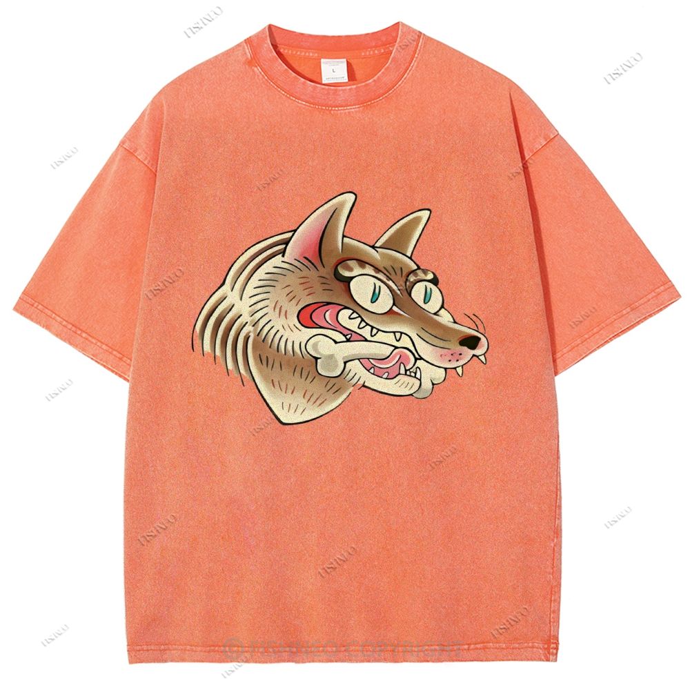 Unisex Vintage Wolf Printed Washed Tee