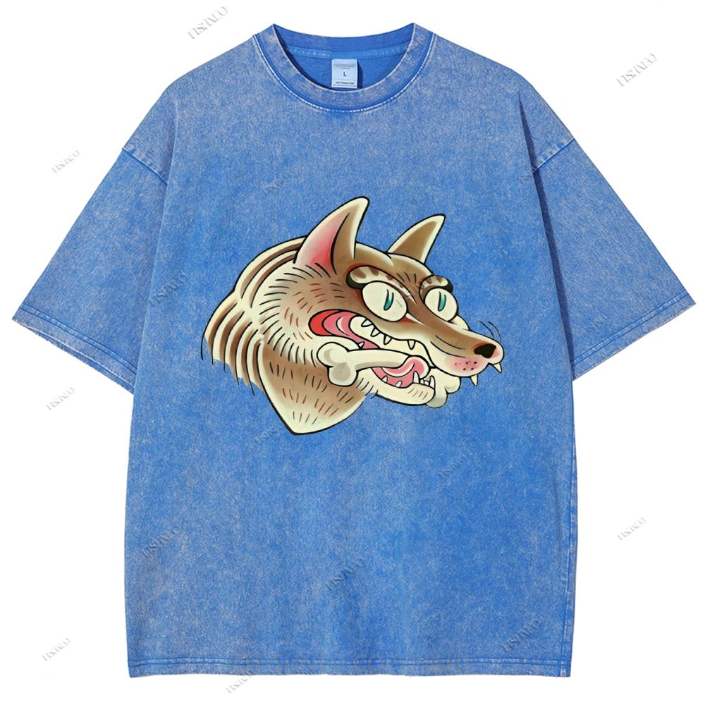 Unisex Vintage Wolf Printed Washed Tee