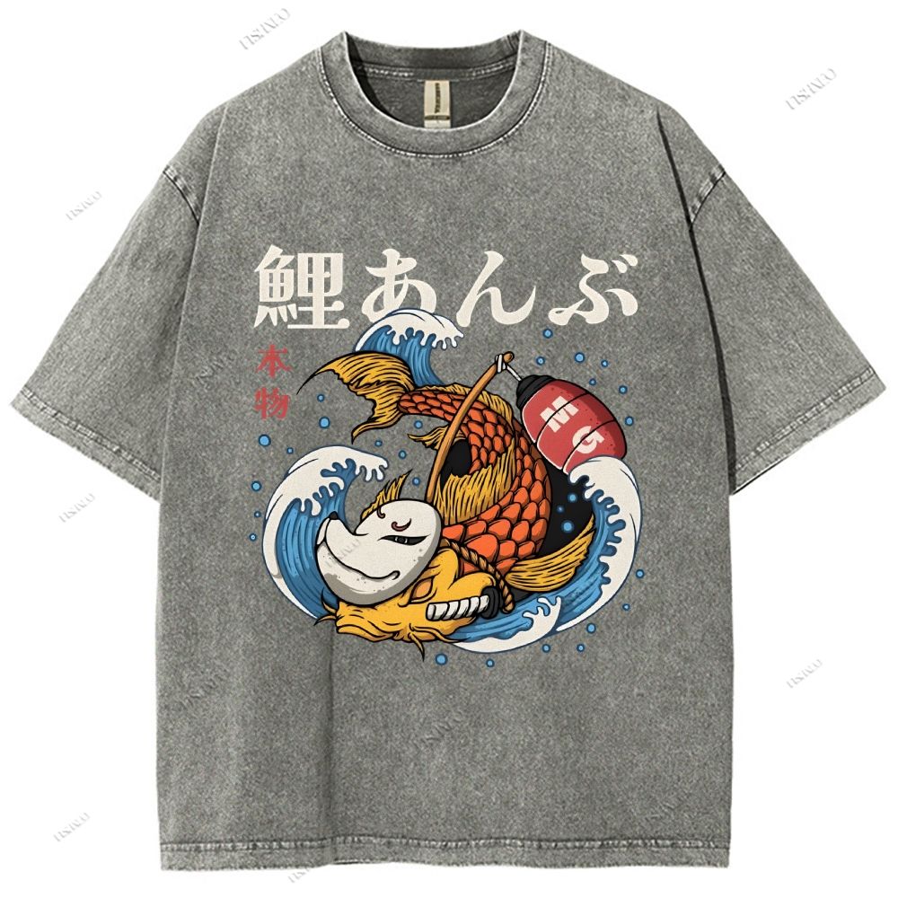 Unisex Japanese Koi Printed Washed Tee