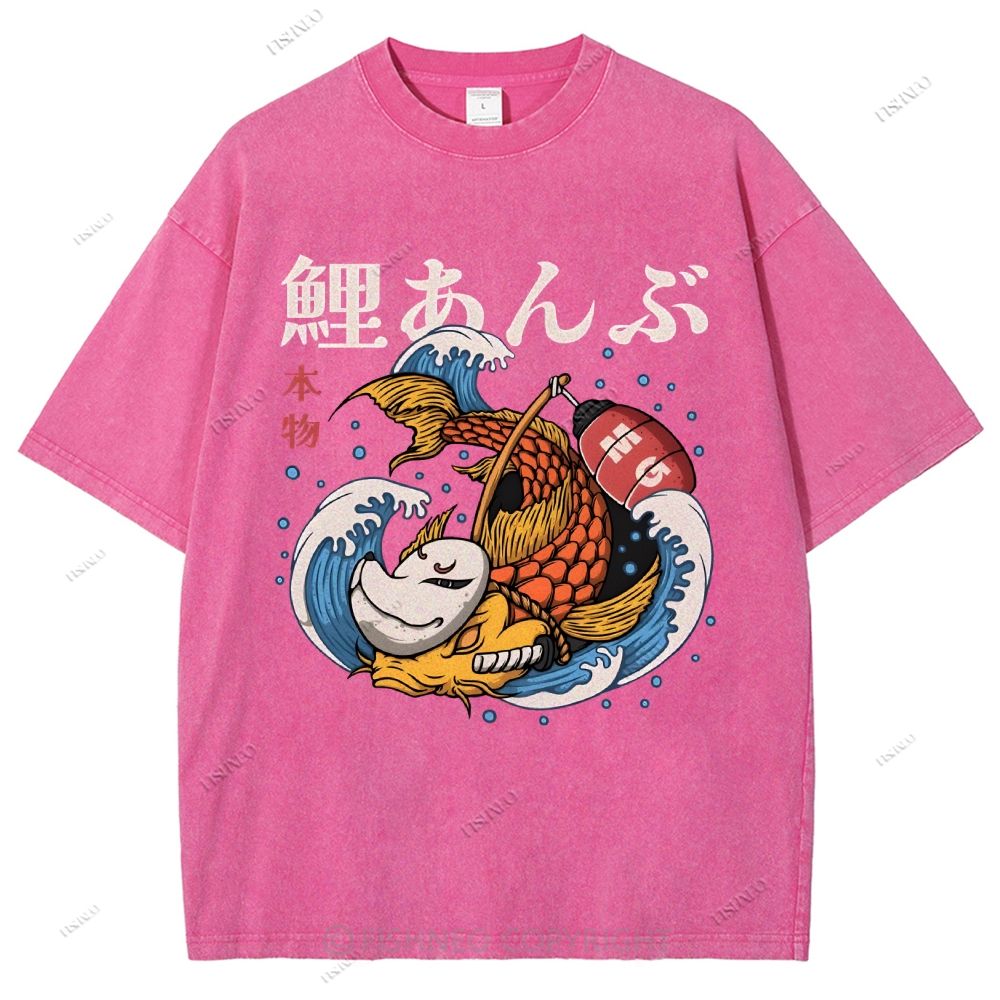Unisex Japanese Koi Printed Washed Tee