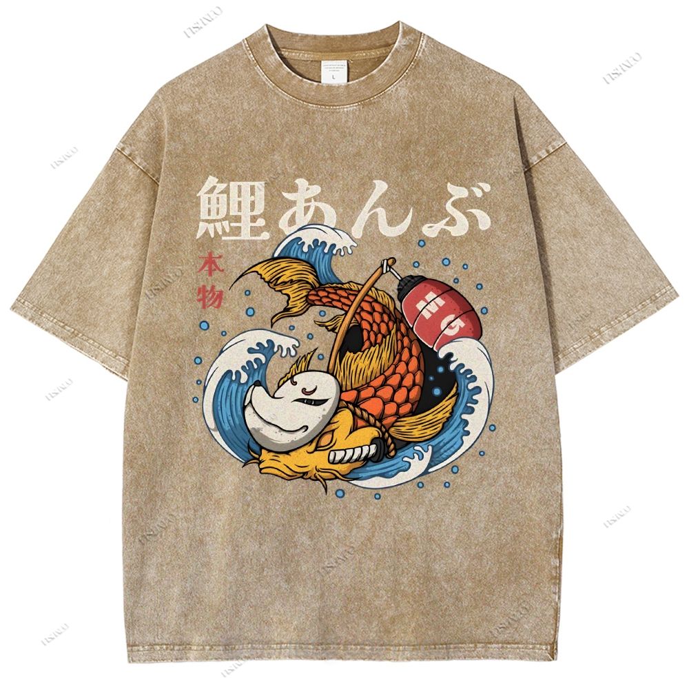 Unisex Japanese Koi Printed Washed Tee