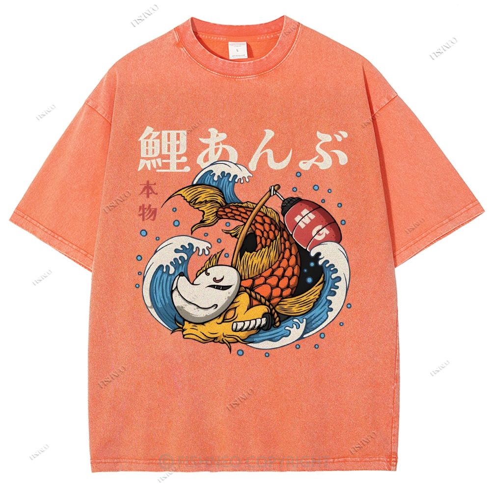 Unisex Japanese Koi Printed Washed Tee