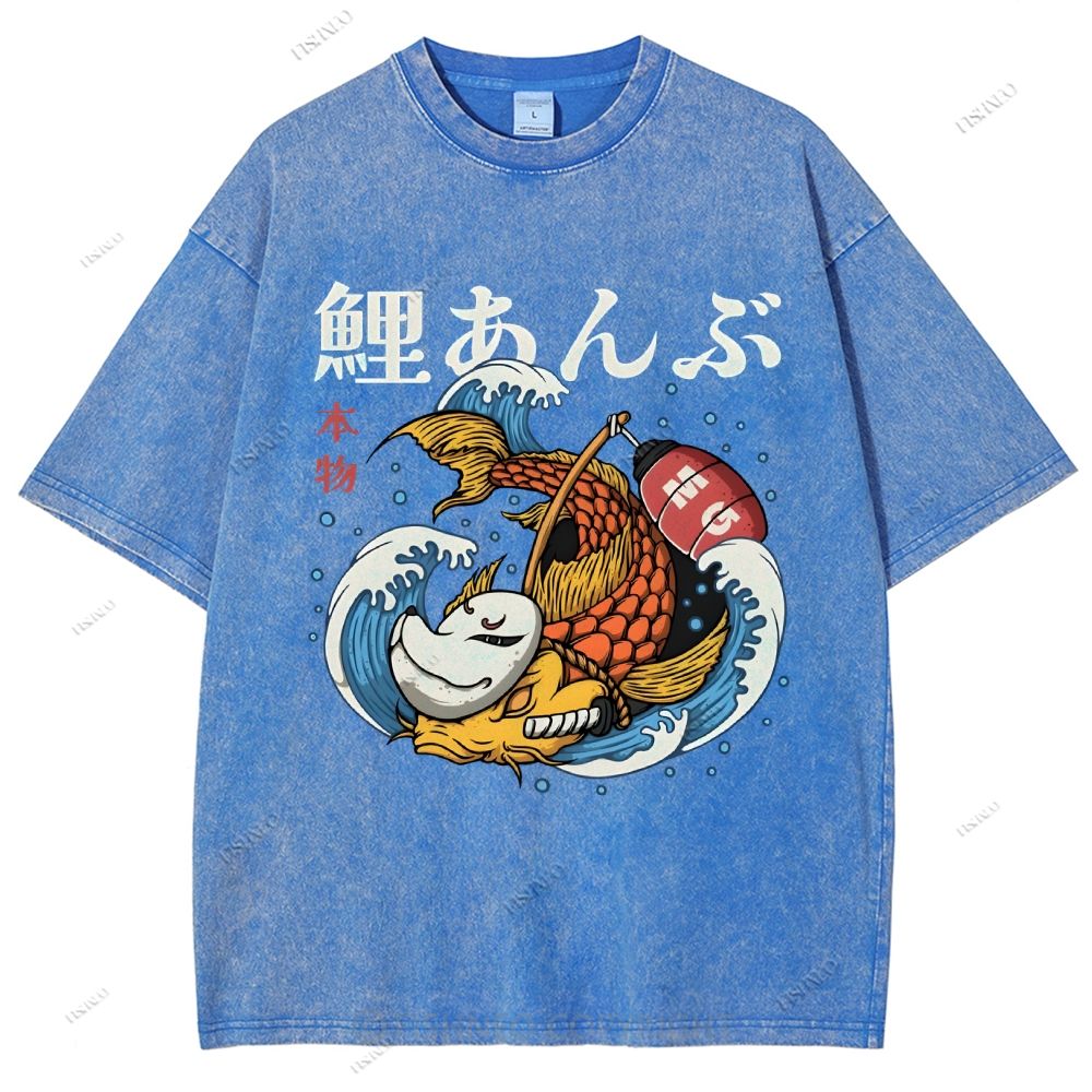 Unisex Japanese Koi Printed Washed Tee