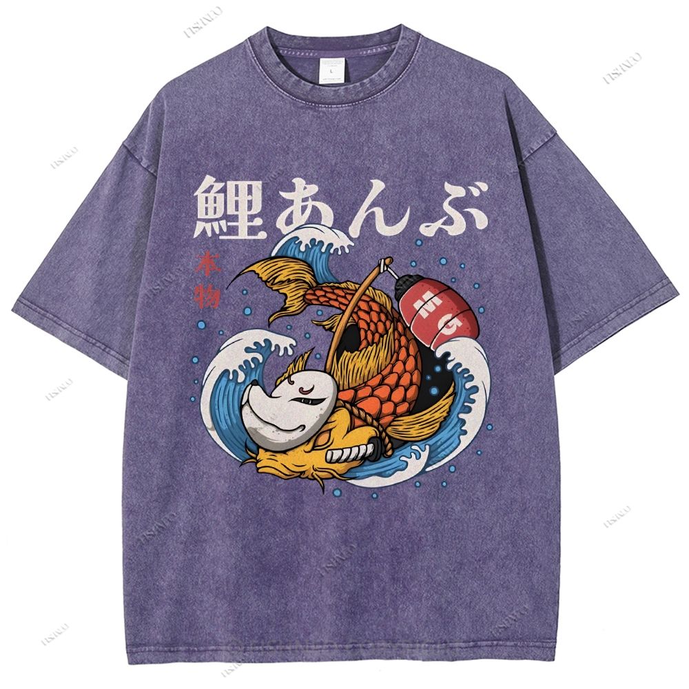 Unisex Japanese Koi Printed Washed Tee